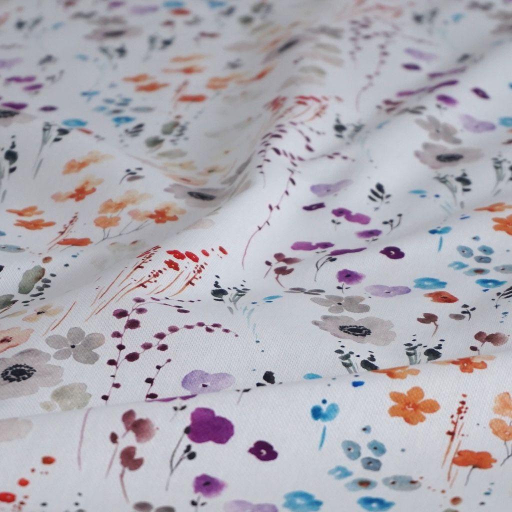 Dekostoff Panama Aquarell Blumen bunt weiß